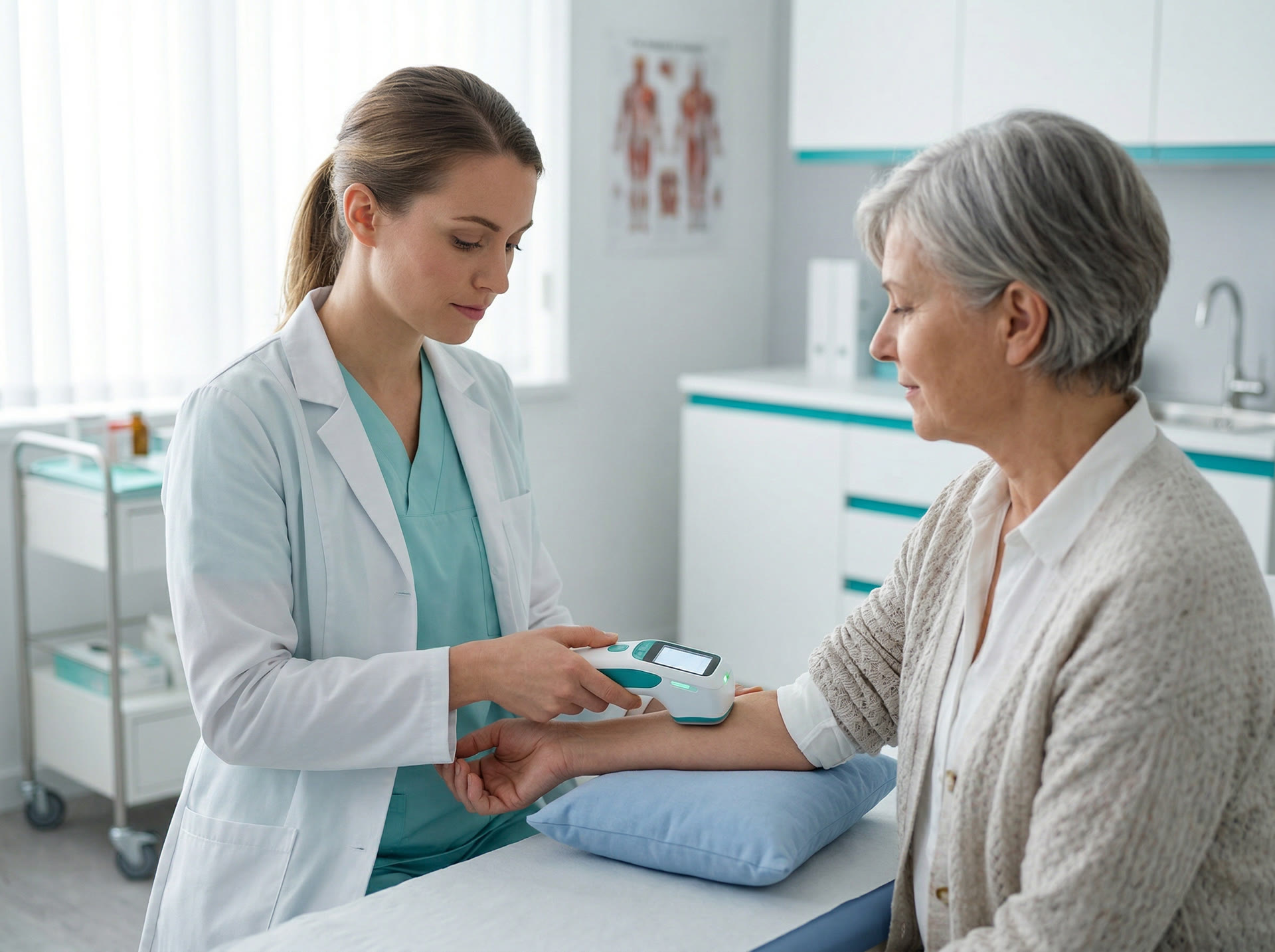 Healthcare professional using portable diagnostic device in clinical setting