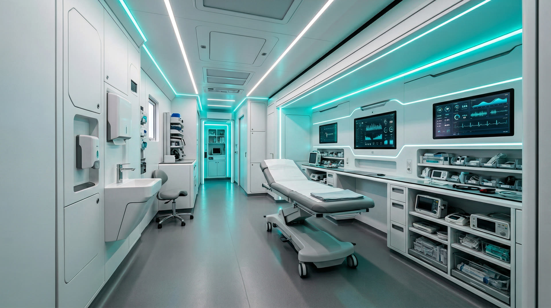 Interior of containerised clinical pod with teal LED lighting, monitoring displays, and integrated medical equipment
