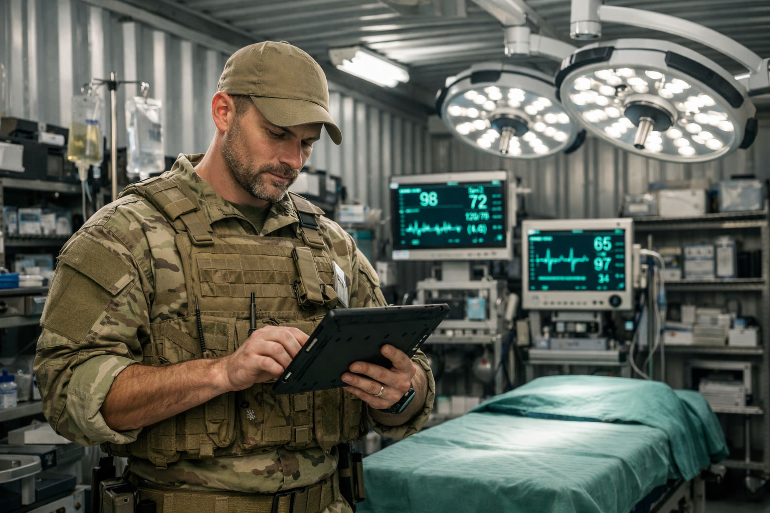 Medic with ruggedised tablet inside surgical container
