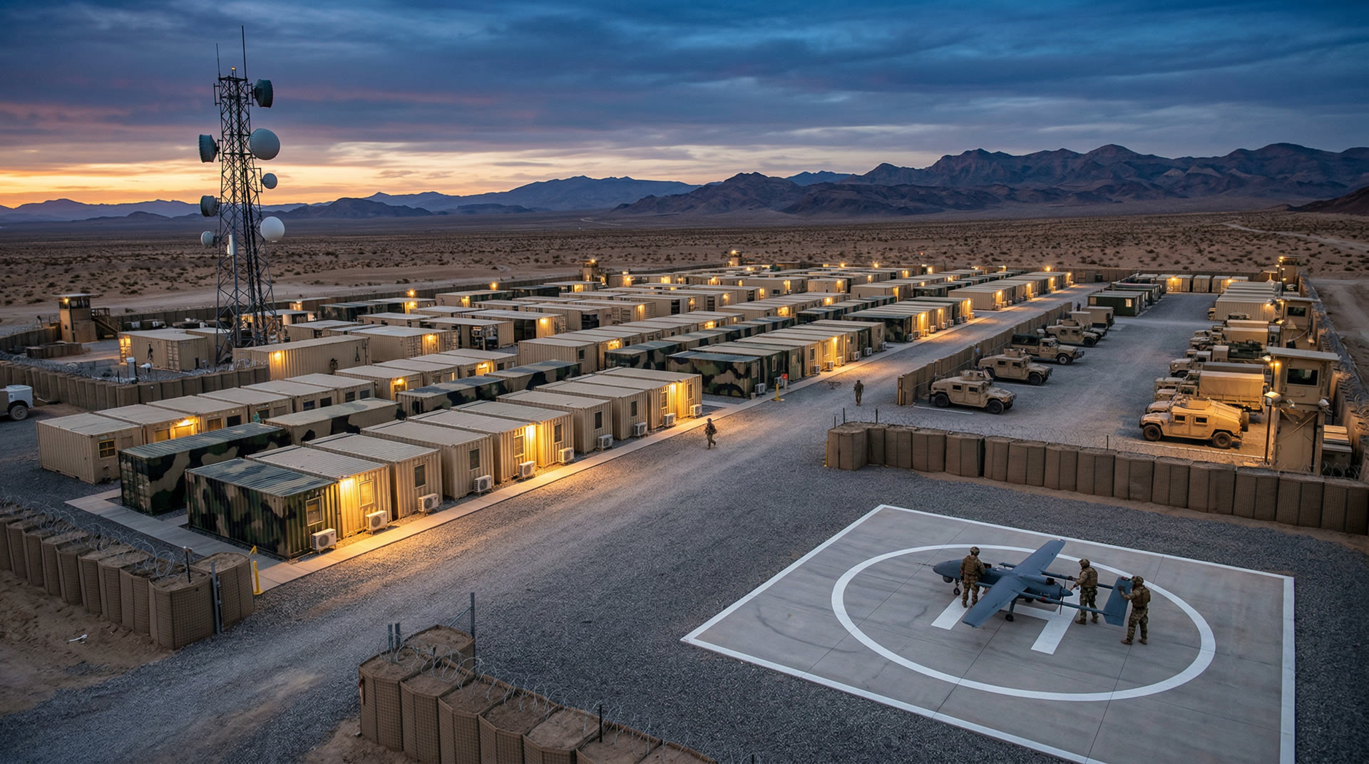 Forward operating base with modular containerised infrastructure at dusk