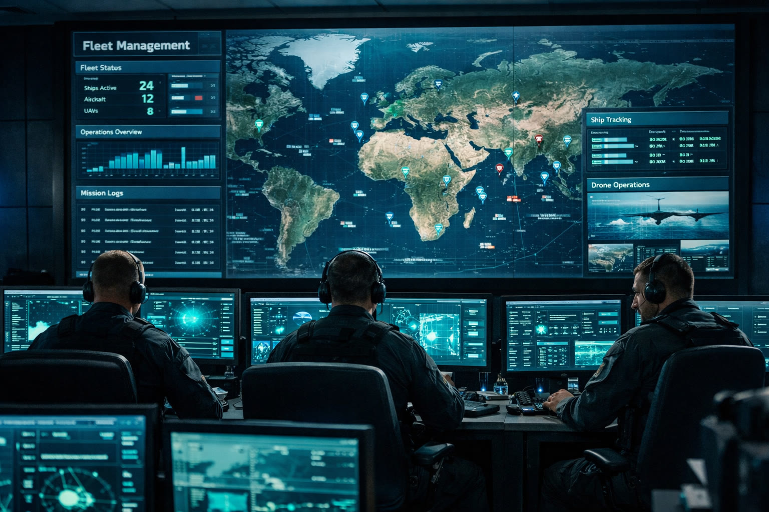 Military joint operations centre with fleet management on wall displays