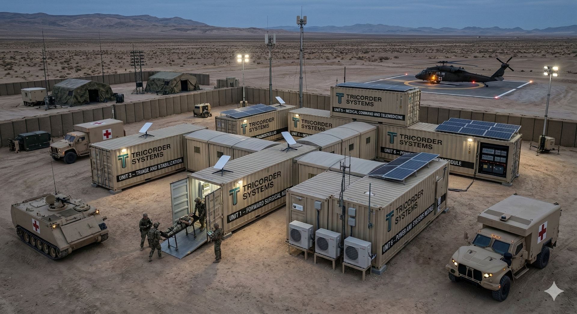 Tricorder Systems multi-container deployment — aerial view of six ISO container units including Forward Surgical Node, Triage and Stabilization, Diagnostics Lab, Medical Command, and Power Systems Module at a desert forward operating base